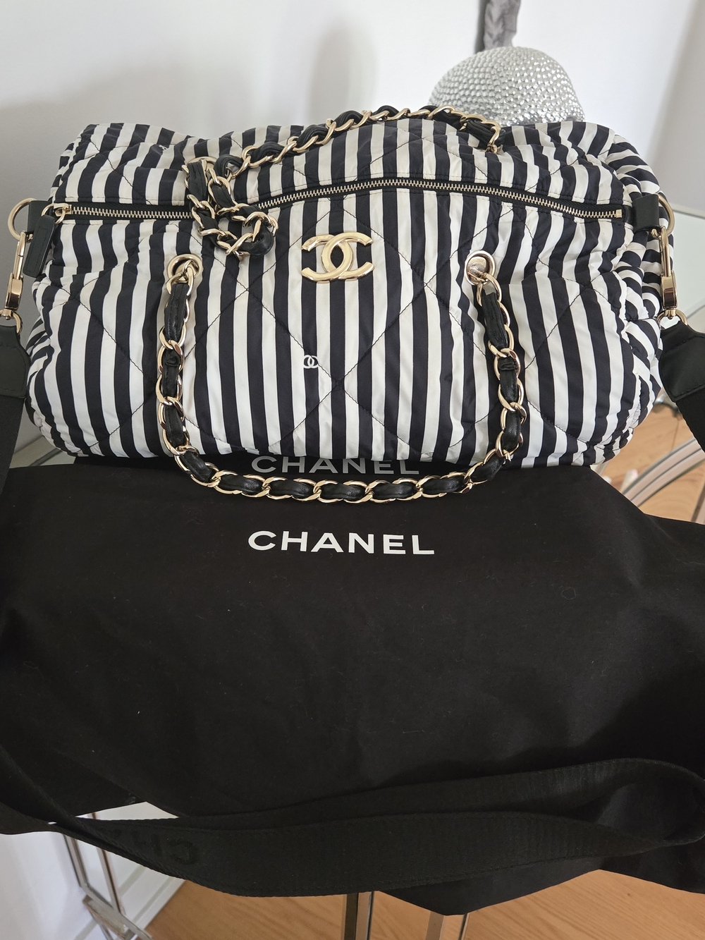 RARE.  CHANEL  24M coco beach black and white striped bowling bag